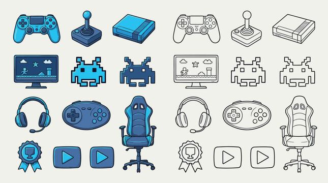 A collection of colorful and outline illustrations of gaming equipment and retro video game characters.