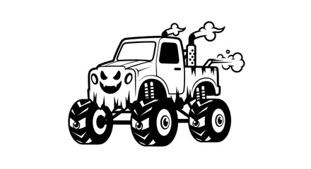 Scary Monster Truck Halloween Illustration with Evil Eyes and Smoke © Atok