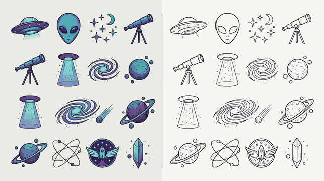 Collection of colorful and monochrome space-themed icons including UFOs, aliens, planets, galaxies, and telescopes.