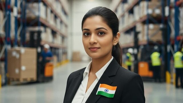 Indian Female Logistics Manager in Warehouse with India Flag Pin