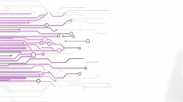 Abstract purple circuit board lines and logic gate circles on white background for technology hardware and software engineering