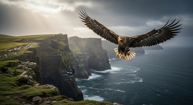 Soaring eagle over coastal cliffs