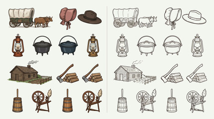 Collection of hand-drawn illustrations depicting various elements of pioneer life, including covered wagons, homes, tools, and domestic items, presented in both color and line art. © renender