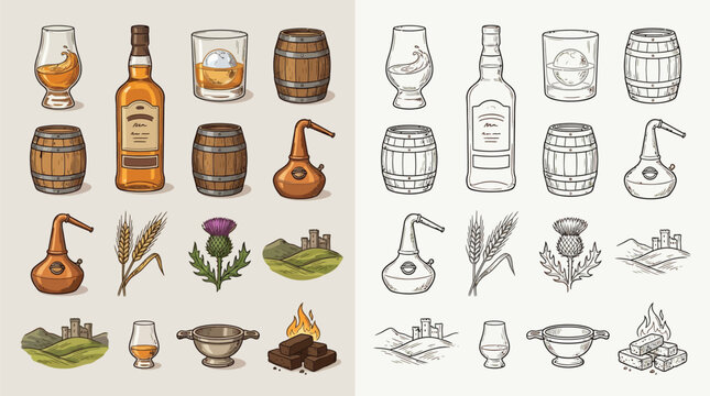 Collection of colorful and monochrome illustrations depicting various elements related to whisky production and consumption.