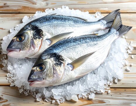 Two fresh gilthead seabream atop crushed ice, arranged on a light-colored wooden surface