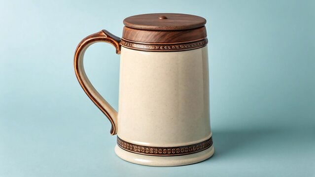 A traditional ceramic beer stein with a wooden lid and handle