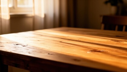 Fototapeta premium Close-up of rustic wooden table surface with natural sunlight and warm indoor ambiance