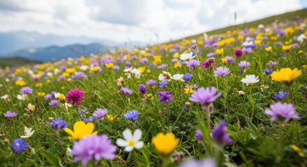 Obraz premium Vibrant Wildflower Meadow in Bloom Under a Cloudy Sky