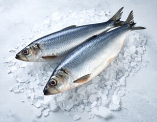 Obraz premium Two fresh, silvery fish, resting on a bed of glistening, crushed ice