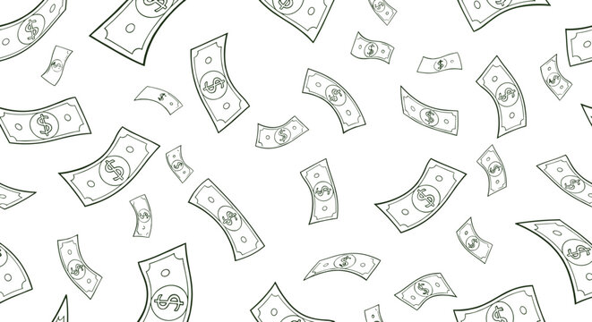 Seamless pattern with flying dollar bills money background finance cash texture line vector illustration
