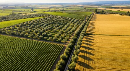 Fototapeta premium Aerial view of lush olive groves and sunlit vineyards in agricultural landscape