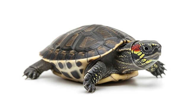 Small colorful turtle with patterned shell on white studio background