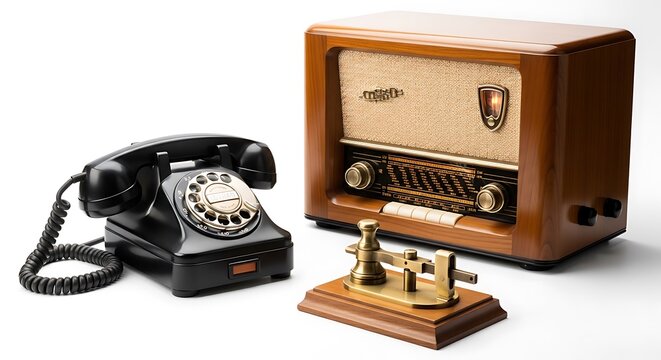 Retro radio, rotary telephone, and telegraph key collection