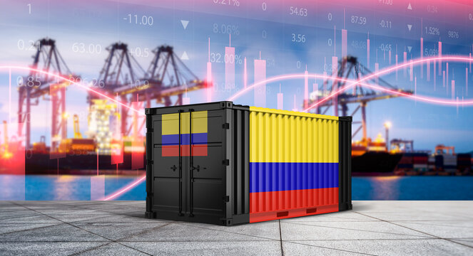 Colombian Import-Export: A shipping container emblazoned with the colors of Colombia, symbolizes the nation's import-export activities.
