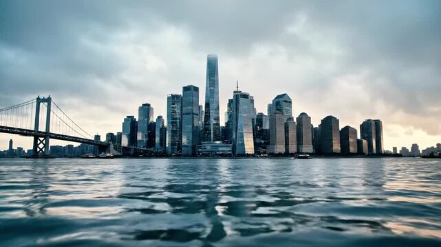 A city skyline with a bridge and a body of water reflecting the cloudy sky