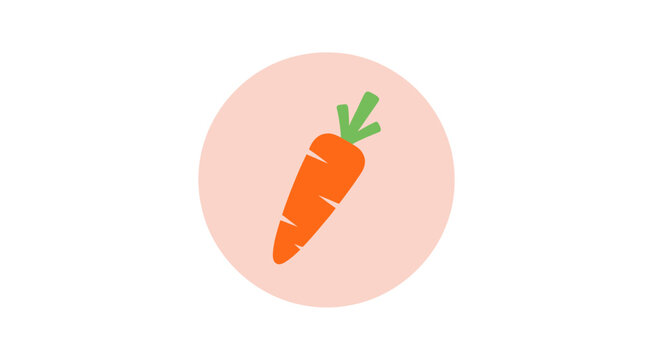 Simple Orange Carrot Icon with Green Stems on a Soft Pink Circle Background