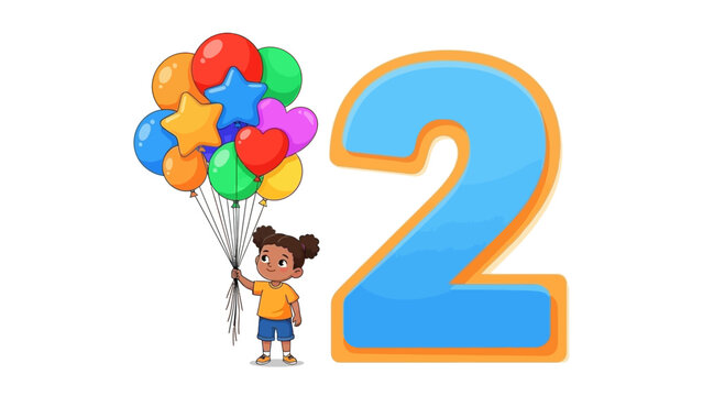 Child holding balloons next to number two.