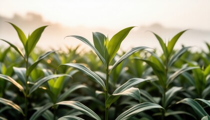 Fototapeta premium Fresh green tea plantation rows at sunrise with soft morning light and misty background