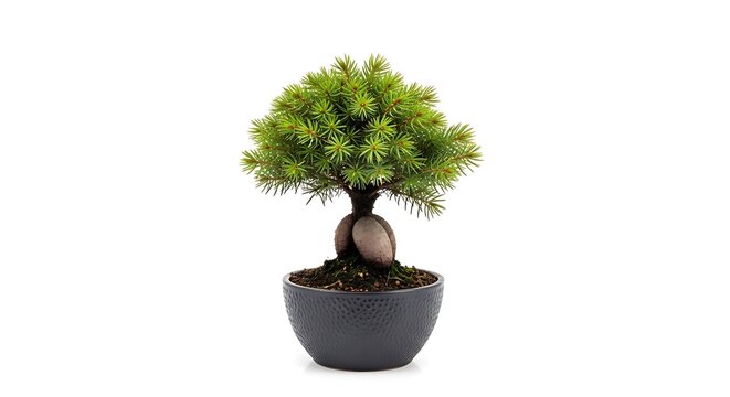 Small green bonsai pine tree in black pot on white background