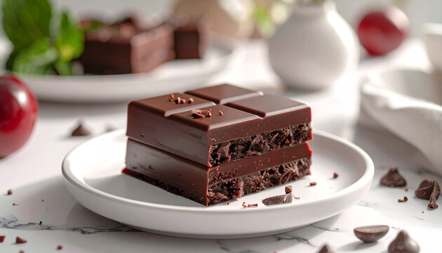 Luxurious Multi-Layered Chocolate Dessert Square, Elegantly Plated for a Gourmet Treat and Sweet Indulgence on a Pristine Dish