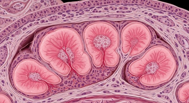 Microscopic View of Cross-Sectioned Intestinal Villi Showing Epithelial Cells and Lamina Propria.