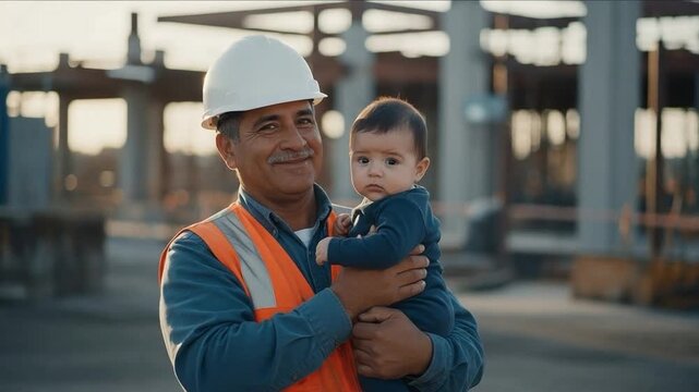 Hispanic Construction Worker Father Holding Baby Son at Building Site