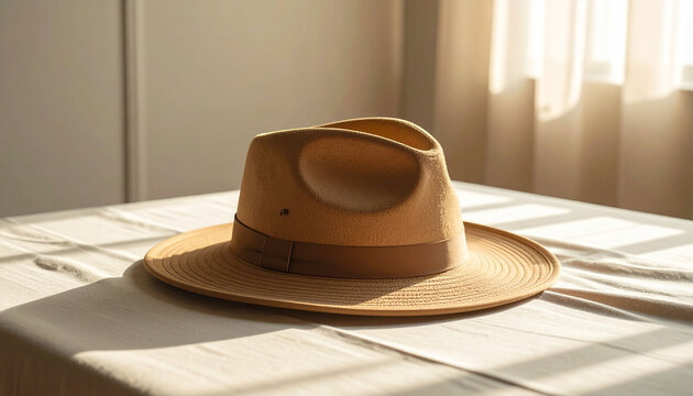 A classic tan fedora hat rests on a textured surface, bathed in soft, natural sunlight, evoking a sense of timeless style and adventure