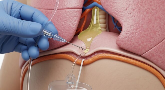 Medical procedure demonstration showing needle insertion into the trachea for intubation.