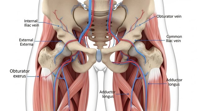 Detailed 3D Illustration of Human Pelvis and Upper Thigh Anatomy.