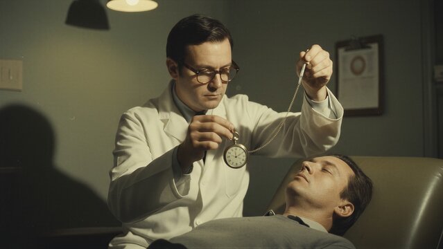 Hypnotist using pocket watch to induce trance in man. Psychiatrist performing hypnosis session on patient. Mental health treatment, mind control, psychology and human behavior concept.