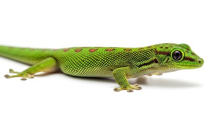 Fototapeta premium Vibrant green gecko with red spots on clean white background