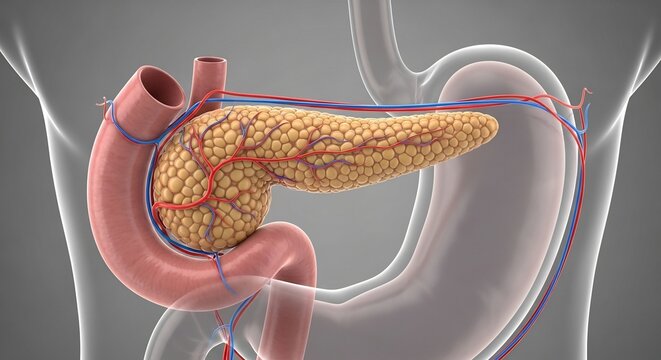 Detailed 3D Illustration of the Human Pancreas and Stomach Anatomy.
