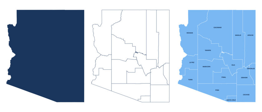 Arizona Counties Map with Labels &ndash; State Silhouette and County Boundaries Vector