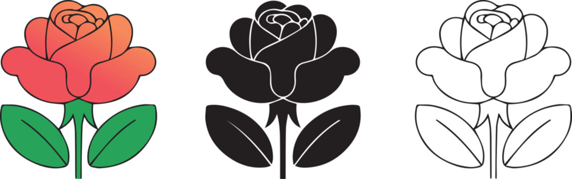 unique rose outline silhouette and coloring icon set