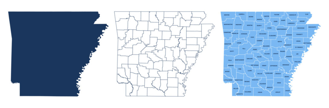 Arkansas Counties Map with Labels &ndash; State Silhouette and County Boundaries Vector