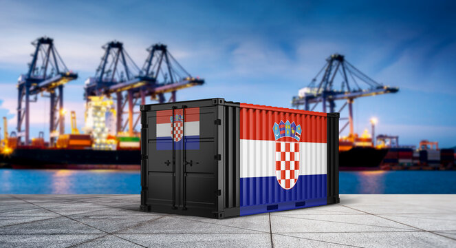 Croatian Container at Harbor: A Croatian-themed shipping container proudly sits at a bustling harbor, showcasing the nation's colors and symbols against the backdrop of industrial cranes and ships.