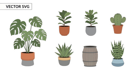 Fototapeta premium Collection of Potted Houseplants: Monstera, Cactus, Fiddle Leaf Fig, Succulents