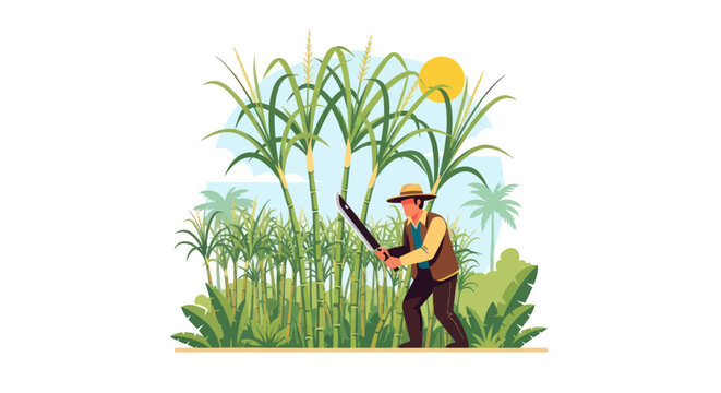 Farmer harvesting sugarcane in a tropical field under the sun