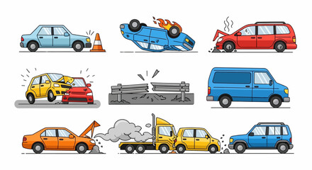 Naklejka premium Cartoon car accident vector set with damaged vehicles, collisions, and road safety elements