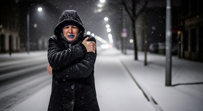 Person Huddled in Hooded Coat Shivering Intensely on a Snow-Covered Urban Street During a Harsh Winter Night with Blue Lips