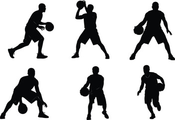 Set of basketball player silhouettes in various action poses like dribbling and shooting isolated on white background for sports graphic design © Sobuz
