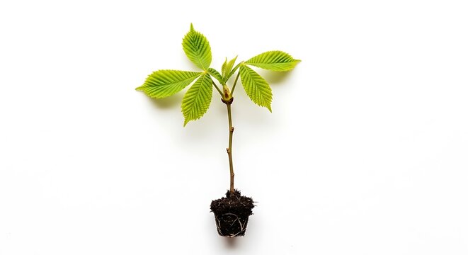 Young green sapling with visible roots and soil on white