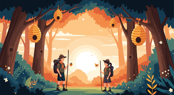 Two young scouts with hiking gear standing in an orange autumn forest at sunset with several bee hives hanging from the trees.