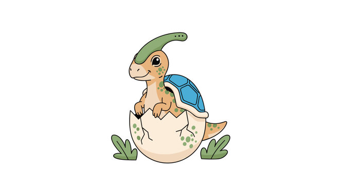 Adorable baby dinosaur with a green crest and blue shell hatching from a white egg on a clean white background.