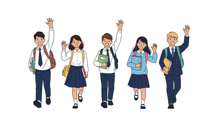 Fototapeta premium Five diverse school students in uniforms with backpacks and books walking and waving joyfully on a white background.