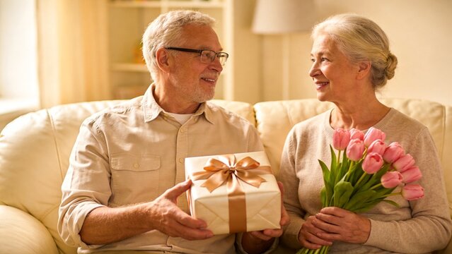 Elderly couple sharing gift and flowers