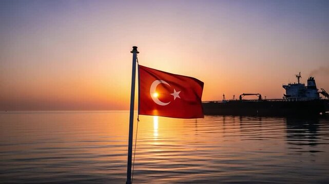 Turkish national flag on a boat at sunset with a large cargo ship for maritime trade