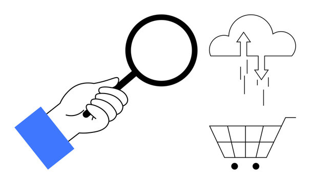 Data analysis concept. A magnifying glass highlights cloud data transfer and e-commerce elements. Data analysis streamlines online shopping and cloud technology. Ideal for tech, e-commerce, big data