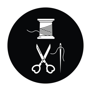 Sewing tools icon with spool of thread scissors and needle icon