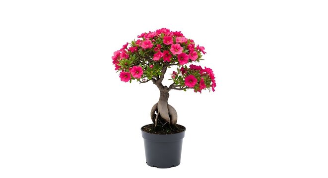 Vibrant pink flowering bonsai tree in a pot on white background
